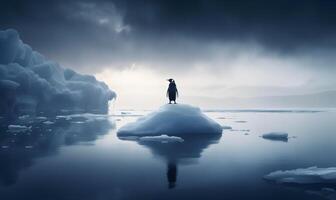 conceptual imagen de un pingüino en pie en hielo témpano de hielo ai generado foto