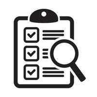 Analysis, analyzing icon. Clipboard with magnifier loupe icon, business concept. File search icon, document search, vector isolated.