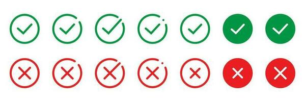 Green tick and red cross checkmarks in circle flat icons. Yes or no line symbol, approved or rejected icon for user interface. vector