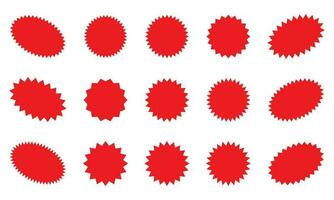 Starburst red sticker set - collection of special offer sale round and oval sunburst labels and buttons isolated on white background. Stickers and badges with star edges for promo advertising. vector