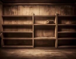 Old bookshelf in a room with wooden walls and floor. AI Generated photo