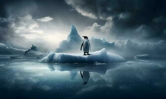 pingüino en pie en hielo témpano de hielo. ai generado foto