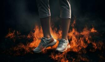 Closeup of female legs in white sneakers on a background of burning fire AI Generated photo