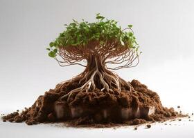 a tree growing out of the ground isolated on white background photo