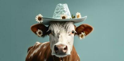 Cow in cowboy hat with daisies on a blue background. photo