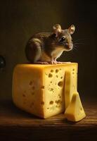 mouse and cheese on a dark background. photo