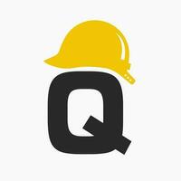 Letter Q Helmet Construction Logo Concept With Safety Helmet Icon. Engineering Architect Logotype vector