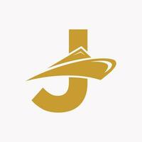 Letter J Cruise Ship Logo Boat Icon. Yacht Symbol, Marine Logotype Vector Template