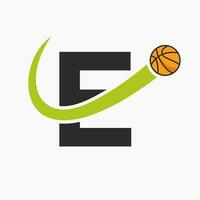 Basketball Logo On Letter E Concept. Basket Club Symbol Vector Template