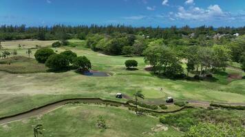golfeurs jouer sur le cours sur une ensoleillé jour, l'île Maurice, aérien vue video