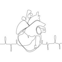 Anatomical human heart silhouette Single continuous line art .Healthy medicine concept design sketch outline drawing vital human organ vector illustratio.Minimalist design human heart with cardiogram