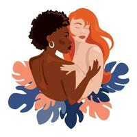 Two young women Black African American and caucasian with freckles hug each other. Women of different nationalities and cultures standing together.Women's friendship.Women's Equality Day.Vector vector