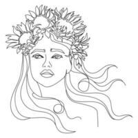 Beautiful woman face with sunflowers in her hair Line art fashion illustration sketch drawing.Young woman in sunflowers wreath and long hair hand drawn vector illustration