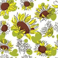 Sunflower flowers seamless pattern line drawing with color spots on white background vector illustration.Sunflowers repeat colorful pattern for print paper,decoration design,fabric print,wallpaper