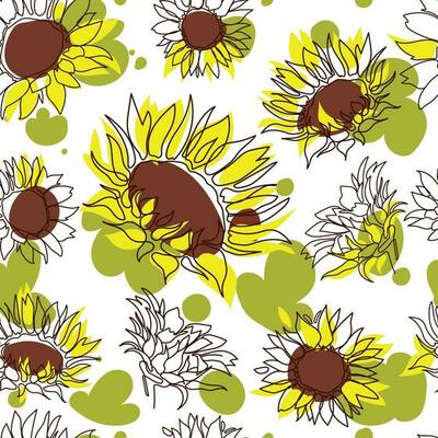 Sunflower flowers seamless pattern line drawing with color spots on white background vector illustration.Sunflowers repeat colorful pattern for print paper,decoration design,fabric print,wallpaper