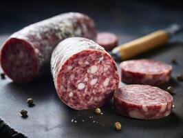 Delicatessen salami sausage with white mold fouet created with technology photo