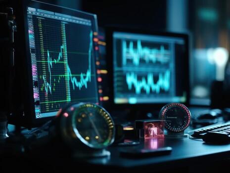 Traders workplace Financial instruments with various type of indicators on screens Created with technology photo