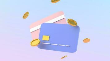 credit or debit card with gold coin on purple background. business and finance concept. photo