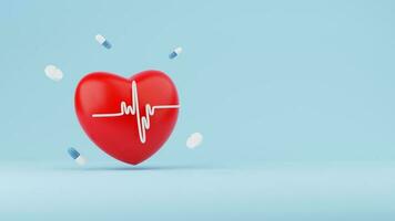 Red heart with white pulse line icon and medicine on blue background. 3D Render. photo