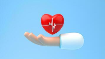 Doctor hand with  red heart with white pulse line icon on blue background. 3D Render. Health concept. photo