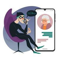 teléfono estafa crimen concepto ilustración, en línea social medios de comunicación fraude. un estafador llamadas un anciano mujer a robar personal datos y contraseñas vector plano ilustración aislado en blanco antecedentes