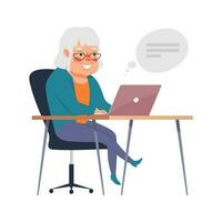 Cute old woman working on laptop, communicating online. Old people use computer technology, vector illustration