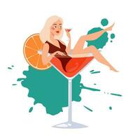 Cocktail party illustration with girl lying in a big martini glass and drinking alcohol vector