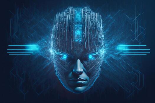 Futuristic cyborg head front view. 3D rendering. photo