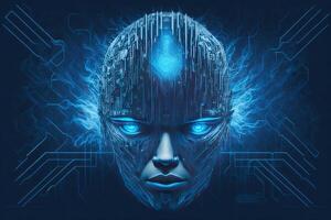 Futuristic cyborg head front view. 3D rendering. photo
