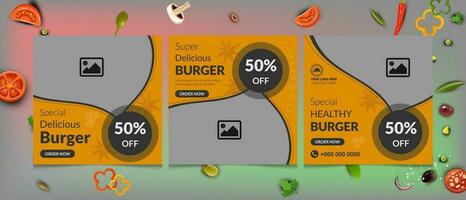 Special discount offer price of square banner template design for food post 2023 on social media. Suitable for restaurant and culinary digital Promotion. Red and Yellow background color shape vector. vector