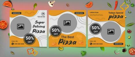 Special discount offer price of pizza banner template design for food post 2023 on social media. Suitable for restaurant and culinary digital Promotion. Red and Yellow background color shape vector. vector