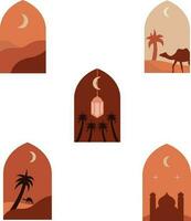 Boho Islamic windows. and arches with modern boho design, moon, mosque dome and lanterns for design decoration.Illustration vector