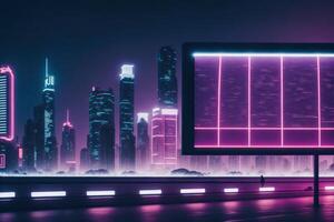 Blank billboard on the road with night cityscape and light trails. AI generated. photo