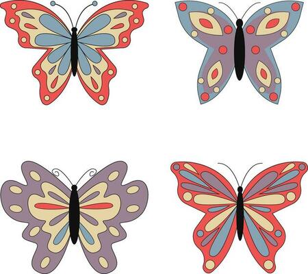 Retro Butterfly. Hippie 60s 70s elements. Floral romantic sign and symbols in trendy cute retro style.Vector illustration