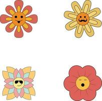 Groovy flower retro. Funny happy daisy with eyes and smile. Isolated vector illustration. Hippie 60s, 70s style.Vector pro