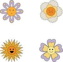 Groovy flower retro. Funny happy daisy with eyes and smile. Isolated vector illustration. Hippie 60s, 70s style.Vector pro