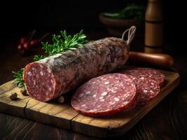 Tiendas Delicatessen salami salchicha con blanco molde foué creado con generativo ai tecnología foto