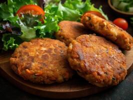 Grilled meat burger patties with vegetables created with technology. photo