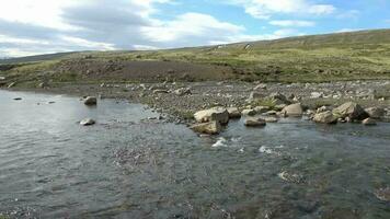 paesaggio fantastico con fiumi e torrenti che scorrono con rocce ed erba in Islanda. video