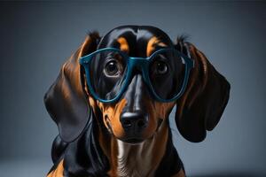 Dachshund dog with glasses isolated on a gray studio background. photo
