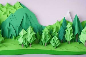 3d illustration of green city with trees and road in the middle. Paper origami landscape. AI generated photo