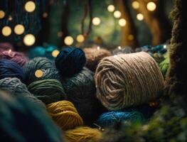 Multicolored forest made by wool yarn fabrics Created with Generative AI technology photo