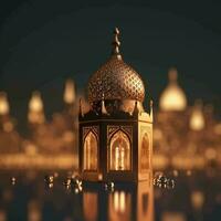 Ramadan Kareem background with mosque and golden lantern. 3d rendering photo