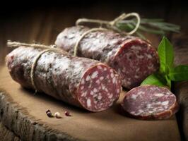 Tiendas Delicatessen salami salchicha con blanco molde foué creado con generativo ai tecnología foto