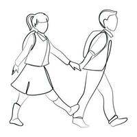 Children go to school line art sketch drawing.Vector illustration.Boy and girl with backpacks go to school together holding hands.Back to school concept vector