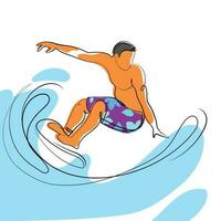 Active men riding surfboards on summer holidays,vacation at sea resort.Young surfer guy riding waves line art drawing,minimalist style design.Vector illustration.Extreme watersport.Emblem,logo,print vector