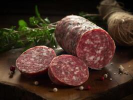 Tiendas Delicatessen salami salchicha con blanco molde foué creado con generativo ai tecnología foto