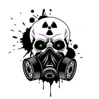 Vector skull with gas mask, radiation sign, glowing eyes and paint splashes and drips on white background. Grunge vector illustration