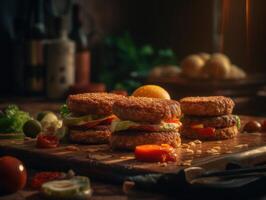 Grilled meat burger patties with vegetables created with technology. photo