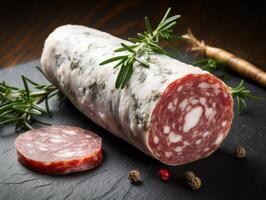 Tiendas Delicatessen salami salchicha con blanco molde foué creado con generativo ai tecnología foto